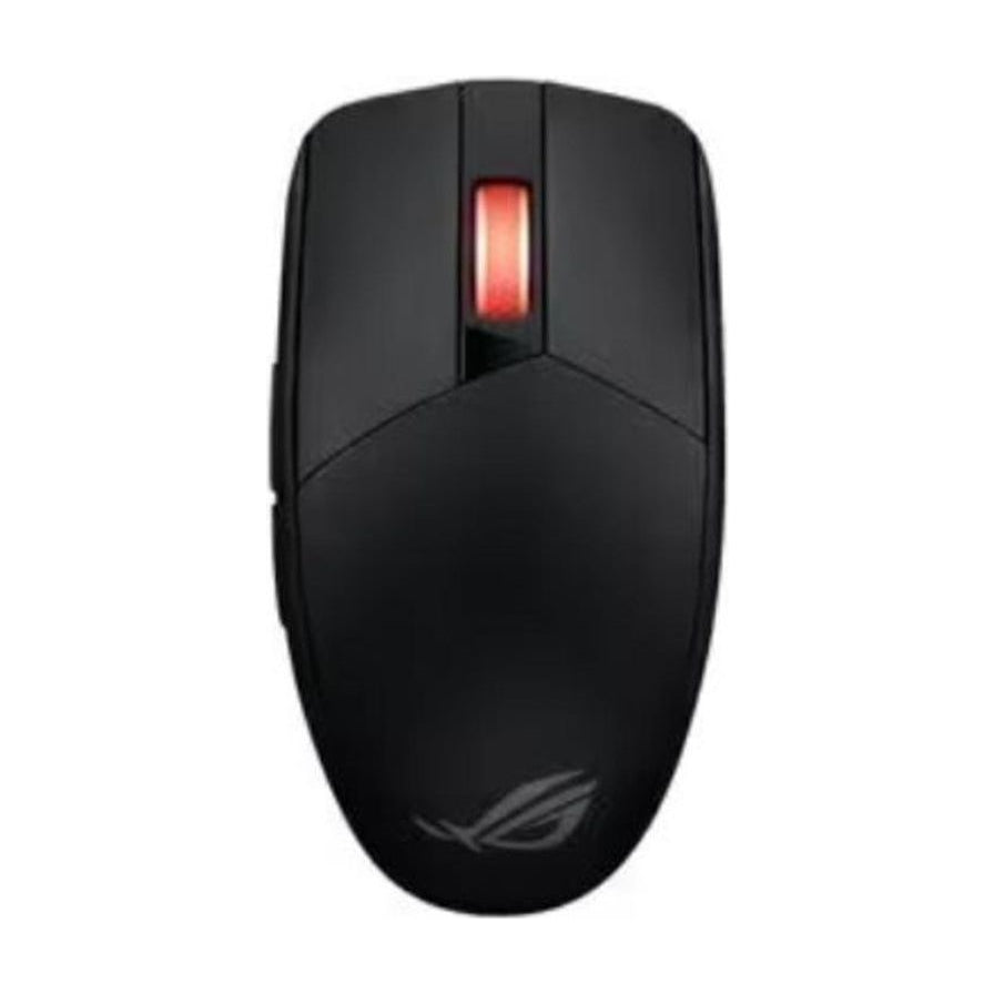 ROG 影刃 3 有线电竞鼠标俯视图，展示黑色对称机身、发光滚轮及尾部 ROG 标志。