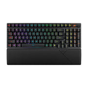 ROG 游侠 2 98 无线机械键盘俯视图，展示 98 键紧凑布局、RGB 幻彩灯效及配套的黑色掌托。