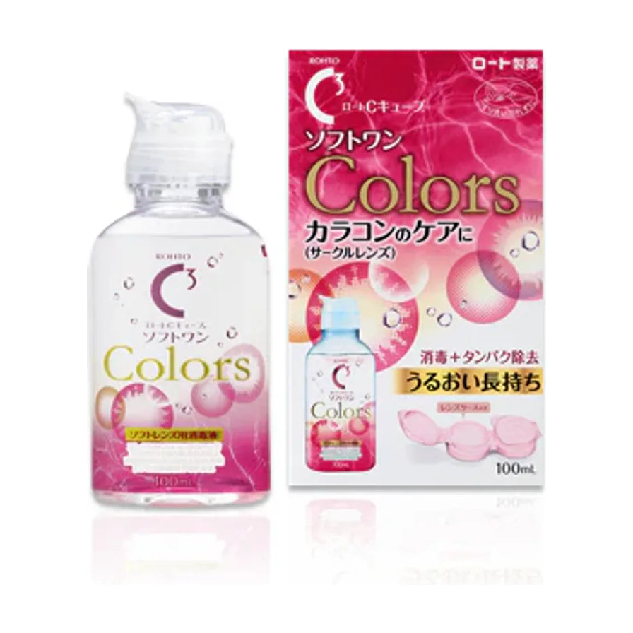 乐敦 C3 Colors 100mL 护理液瓶身与外盒并排展示，白粉配色包装，瓶身正面可见 Colors 字样。