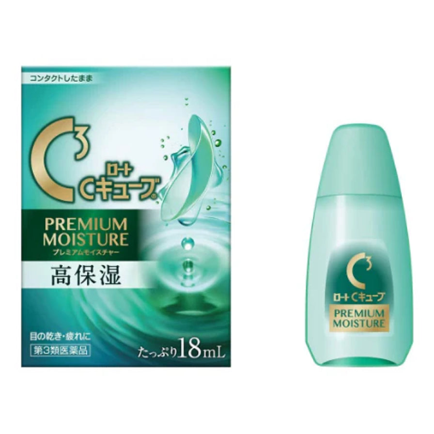 ROHTO 乐敦 C3 Premium Moisture 18mL 眼药水包装与瓶身同框展示，左侧为盒装，右侧为浅绿色瓶身
