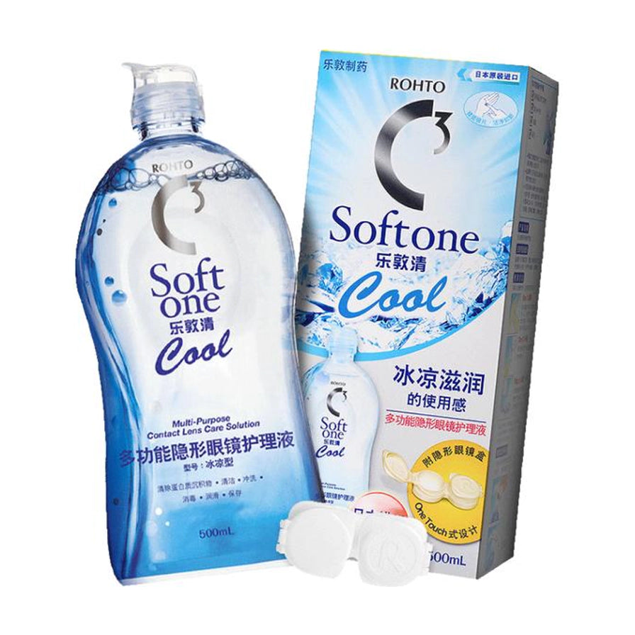乐敦 Rohto C3 Softone Cool 冰凉型多功能隐形眼镜护理液 500ml 瓶装与外包装盒，附带白色隐形眼镜盒。