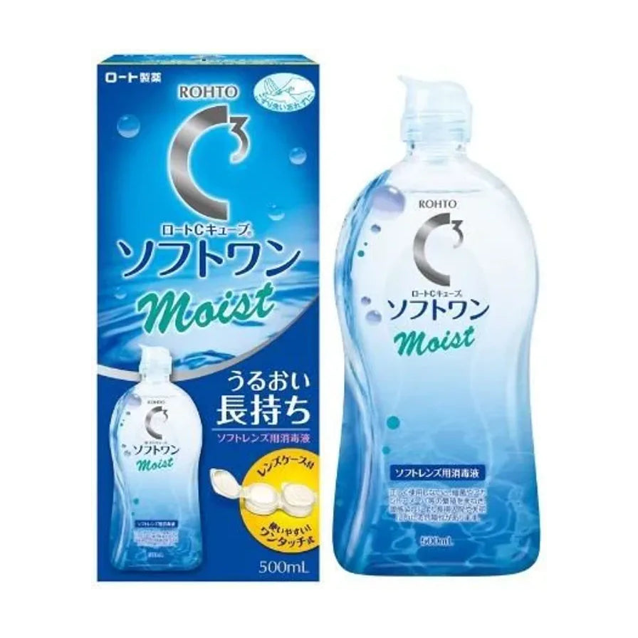 乐敦 C3 Softone Moist 隐形眼镜护理液包装正面，左侧为蓝色盒装，右侧为500ml瓶身，旁边有随附镜盒