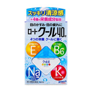 乐敦 Cool 40α 眼药水盒装正面，浅蓝色包装，中央有蓝白菱形瓶身图案，底部标注 12mL。