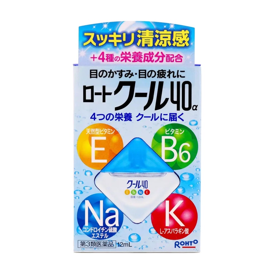 乐敦 Cool 40α 眼药水盒装正面，浅蓝色包装，中央有蓝白菱形瓶身图案，底部标注 12mL。