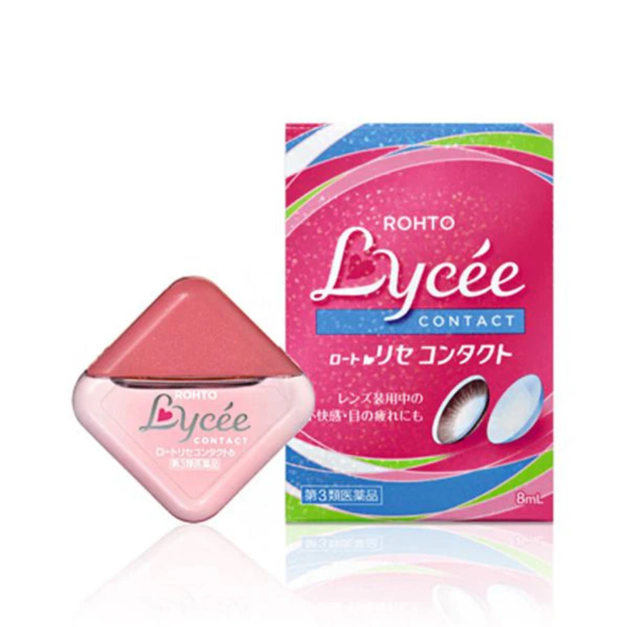 Rohto Lycee CONTACT 隐形眼镜专用眼药水，瓶身与外盒同框展示，粉色钻石造型瓶身，标注 8mL