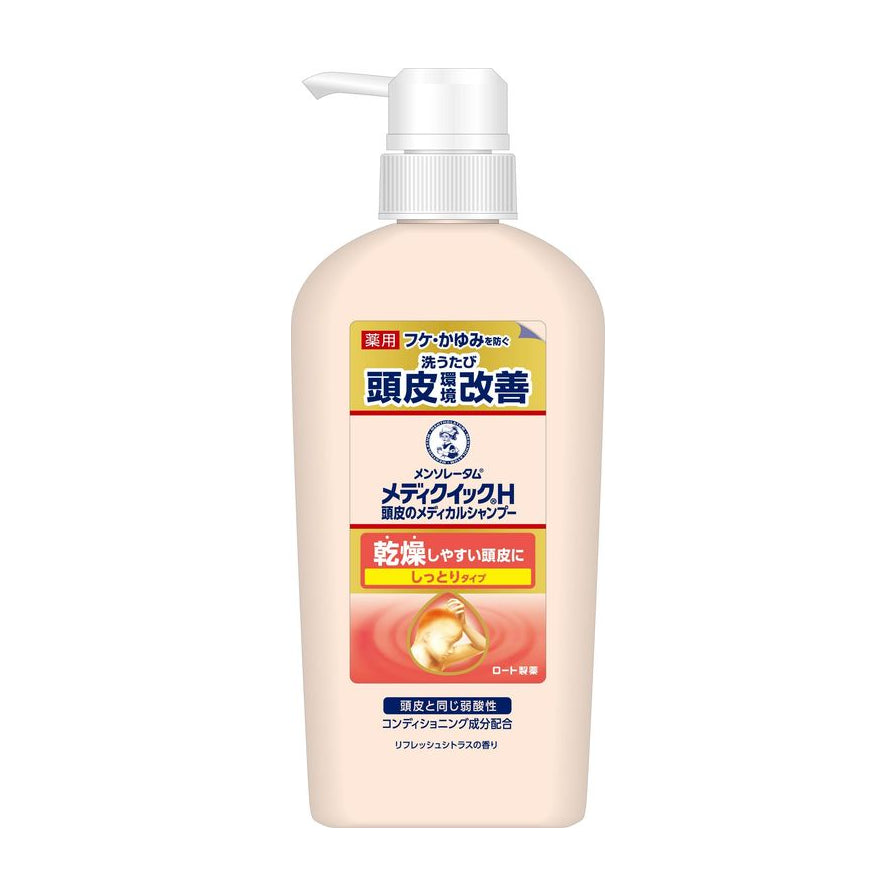 乐敦 Medicated Quick H 药用洗发水正面图，米色瓶身配白色泵头，标签含日文说明。