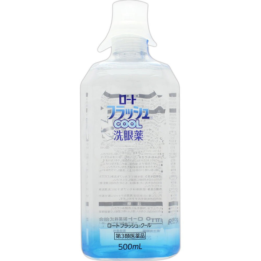 乐敦清凉洗眼液瓶身正面，透明瓶装蓝色液体，标注500mL