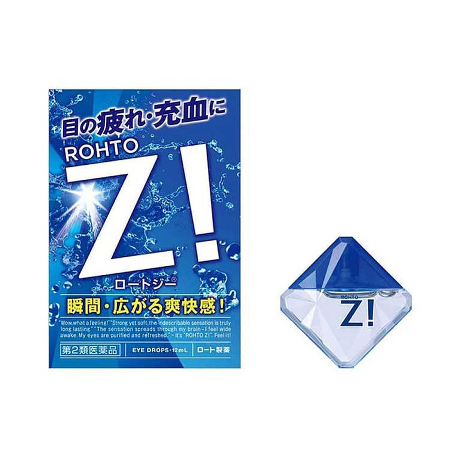 乐敦 Z! 眼药水包装与瓶身同框展示，左侧为盒装，右侧为钻石造型瓶身。