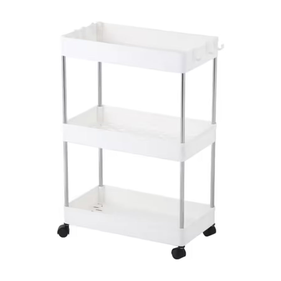 白色三层移动置物架正面图，配有银色金属支架和黑色万向轮，背景为纯白。