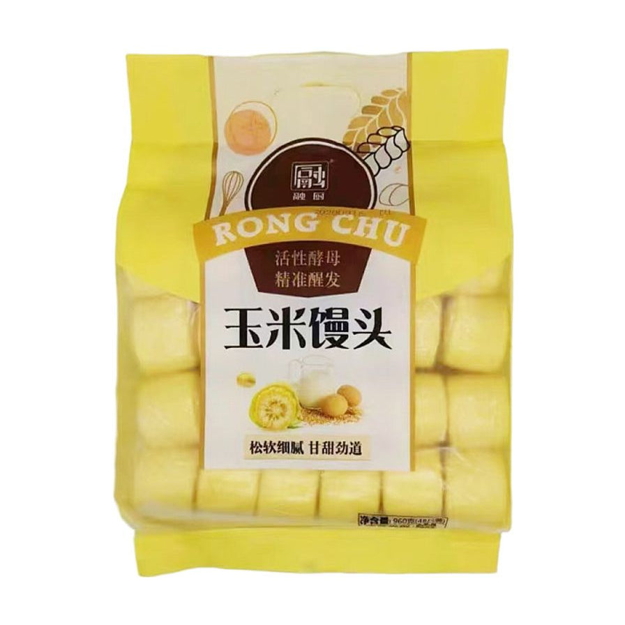 融厨玉米馒头包装正面图，透明包装可见内部金黄色馒头，包装印有品牌LOGO及活性酵母、精准醒发字样。