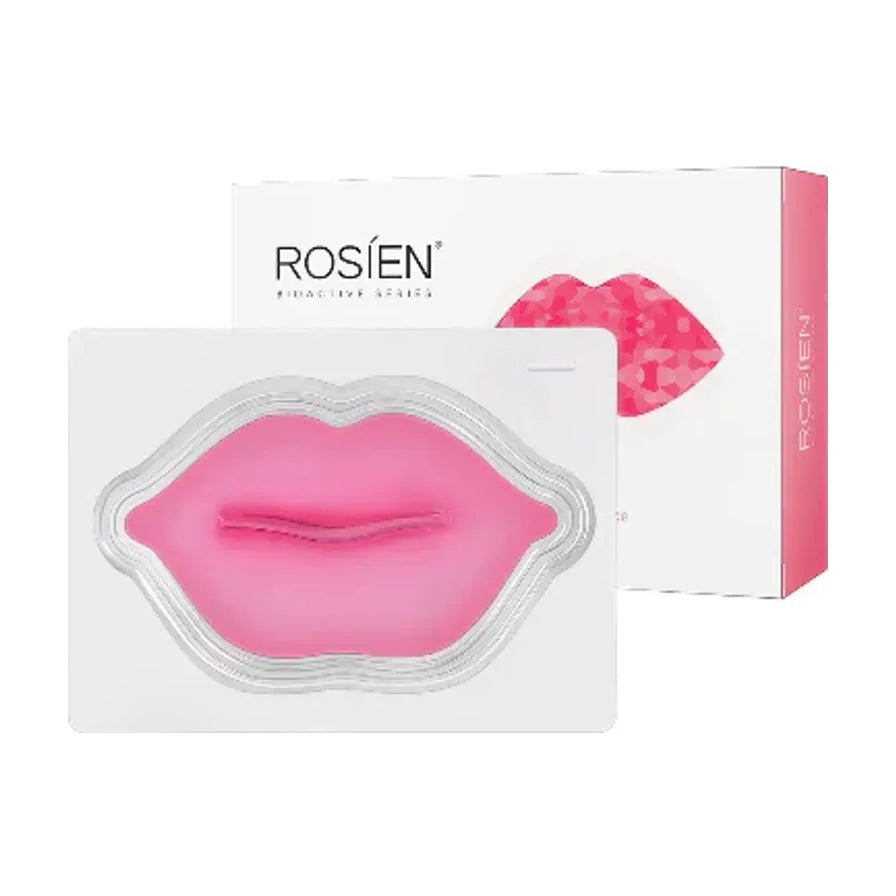 Rosien 氨基酸胶原蛋白唇膜，展示了粉色唇形果冻质地唇膜单片包装及白色外盒，外盒印有品牌 Logo 和唇部图案。