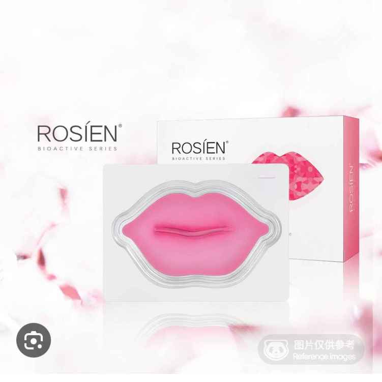 Rosien 氨基酸胶原蛋白唇膜单片包装正面图，展示果冻质地与保湿功效