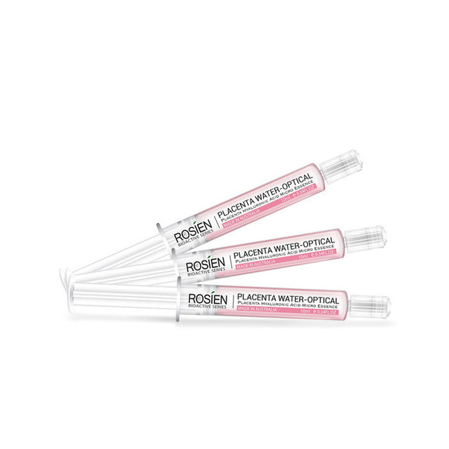 ROSIEN 羊胎素精华针管侧面特写，清晰显示 10ml 容量刻度与活塞结构