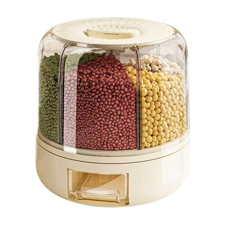 珍珠白旋转分格杂粮桶，透明桶身内装有红豆、绿豆、黄豆等多种五谷杂粮，底部配有抽屉式取粮盒。