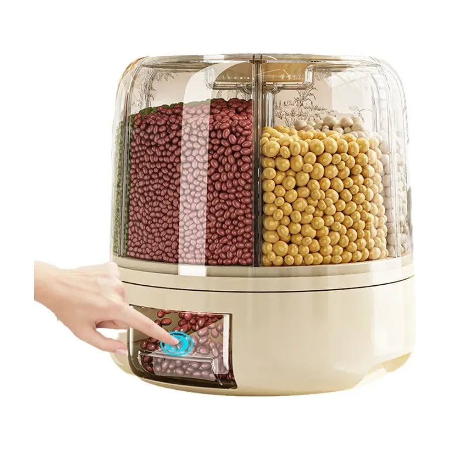 手指按压杂粮桶底部的蓝色按钮，演示按压式精准出粮功能，红豆正落入透明取粮盒中。