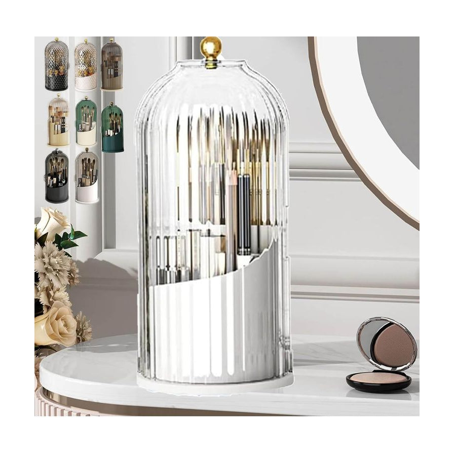 白色旋转收纳盒置于梳妆台场景，背景展示多种颜色款式选项，旁边摆放粉饼和装饰花卉。