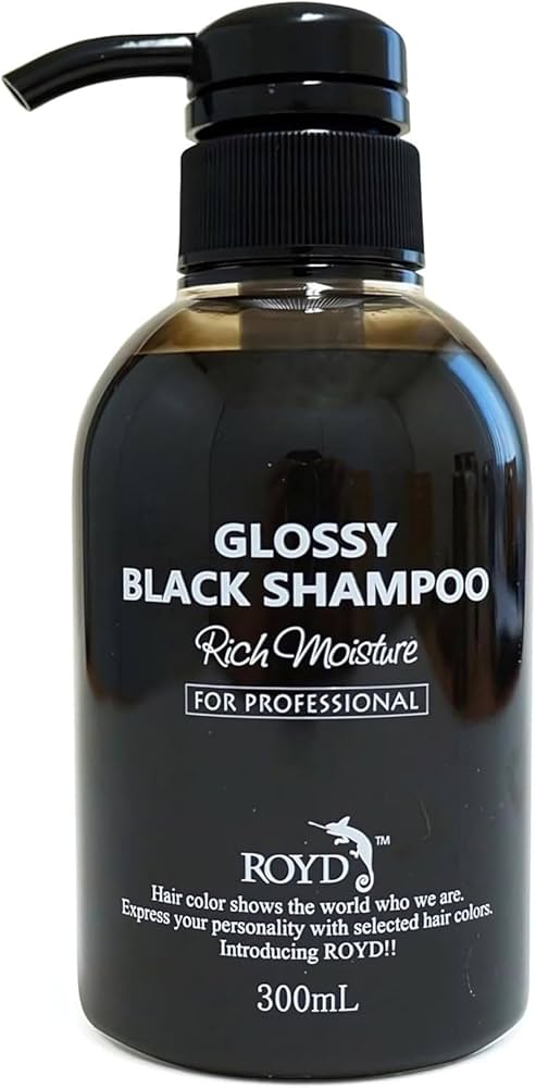 ROYD 黑色护色洗发水正面图，瓶身印有 Glossy Black Shampoo 字样，300mL 容量。