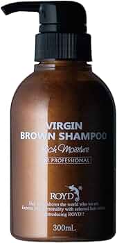 ROYD 棕色护色洗发水正面图，瓶身印有 Virgin Brown Shampoo 字样，300mL 容量。