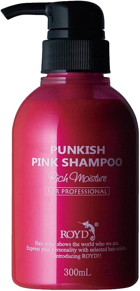 ROYD 粉色护色洗发水正面图，瓶身印有 Punkish Pink Shampoo 字样，300mL 容量。