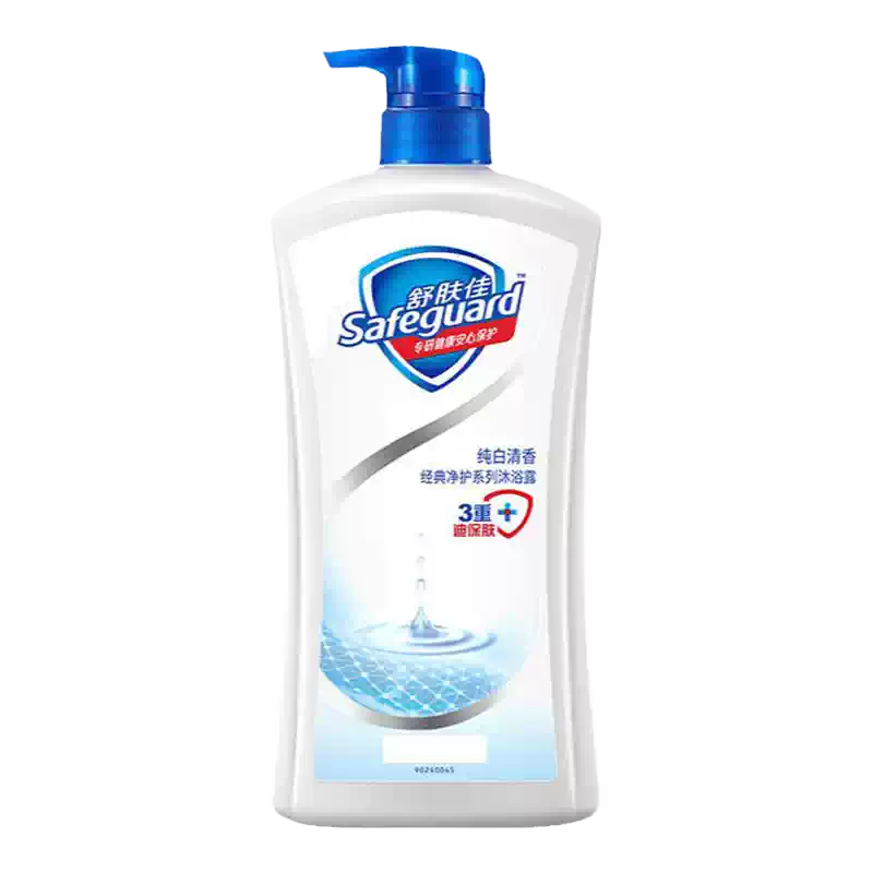舒肤佳纯白清香沐浴露 850ml 正面展示，白色瓶身配蓝色泵头，黑色背景。