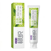 舒客极悦牙膏劲爽薄荷味产品与包装盒展示，绿色清新设计，标准支装。