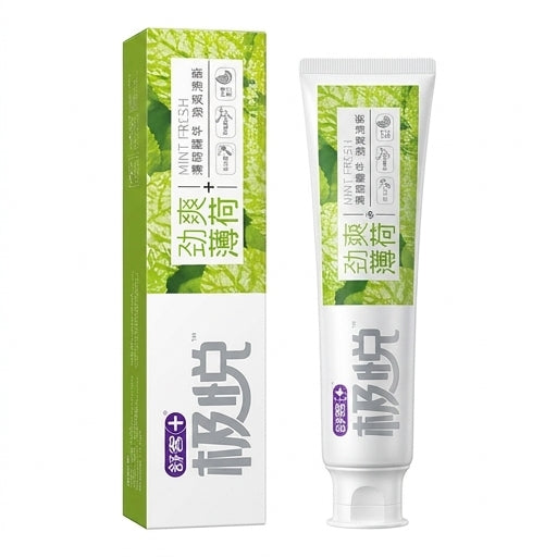 舒客极悦牙膏劲爽薄荷味产品与包装盒展示，绿色清新设计，标准支装。