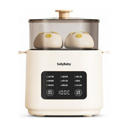 SallyBaby 豪华版双层煮蛋器，白色机身配有智能彩屏触控面板，透明上盖内正在蒸煮两个可爱的小猪造型包子，纯白背景展示。