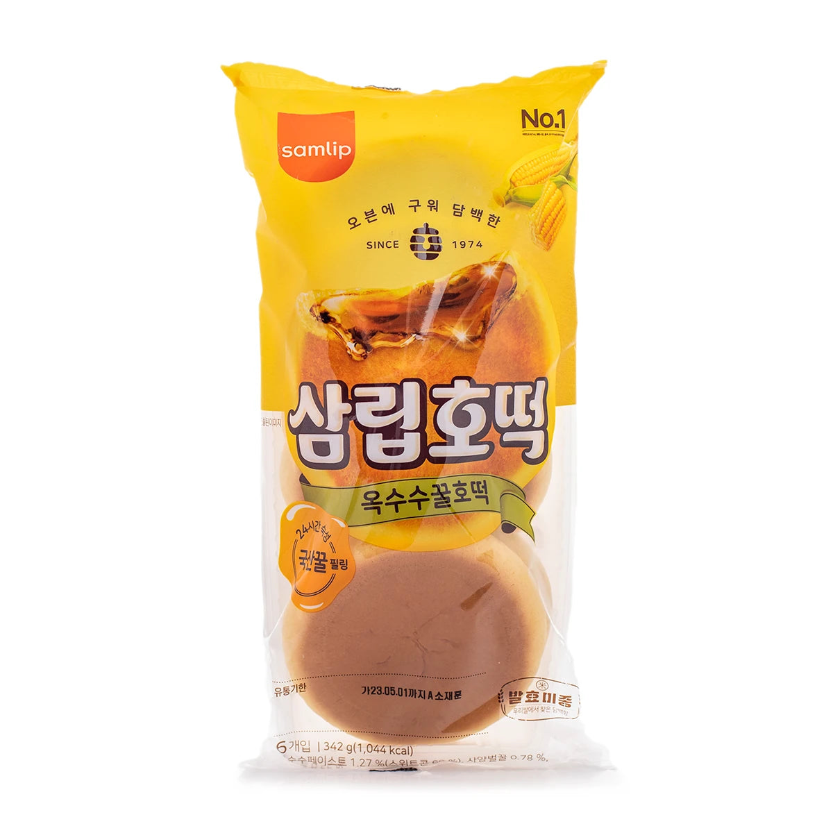 Samlip 韩式玉米蜜糖馅饼包装正面，展示三枚独立包装的蜂蜜流心糕点