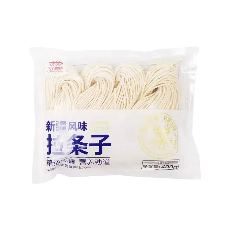 三个樱桃新疆拉条子 400g 半干保鲜圆面条包装正面图