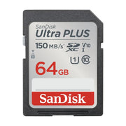 SanDisk 闪迪 Ultra PLUS 64GB SDXC 存储卡正面图，显示 150MB/s 读取速度、V10 视频等级及 Class 10 标识。