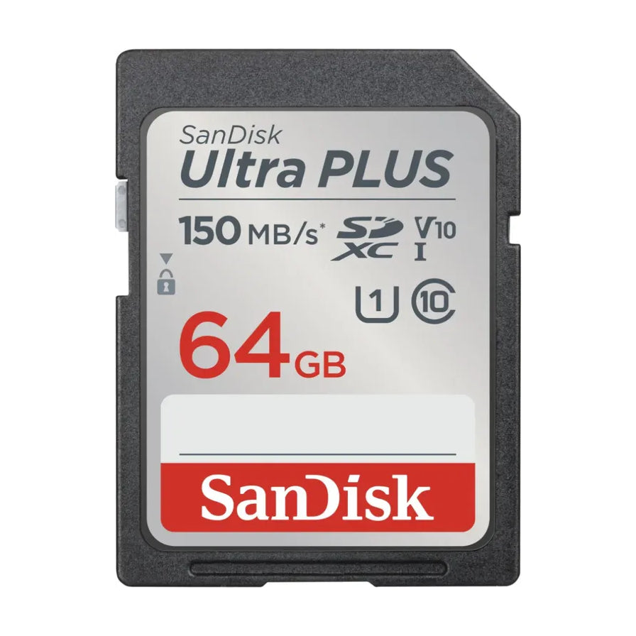 SanDisk 闪迪 Ultra PLUS 64GB SDXC 存储卡正面图，显示 150MB/s 读取速度、V10 视频等级及 Class 10 标识。