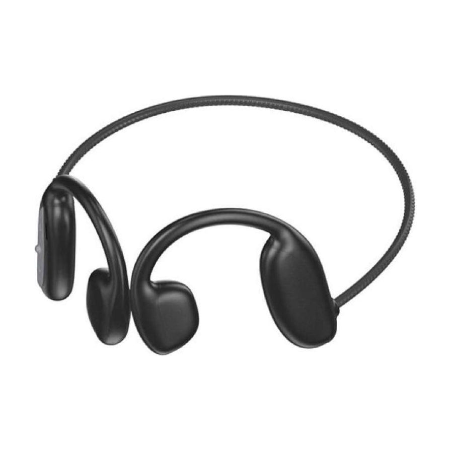 山水黑色骨传导蓝牙耳机，采用挂耳式开放设计，展示耳机整体结构与亲肤材质。