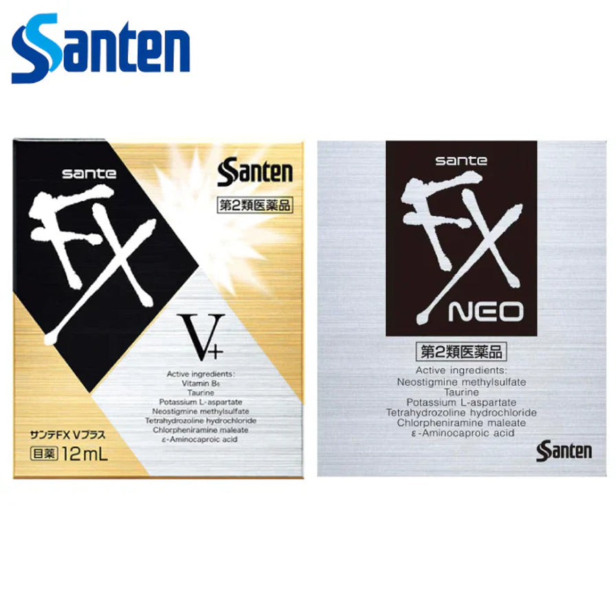 银色包装盒正面，印有 FX NEO、Santen 标志、第二类医药品和成分表，底部标注 Santen。