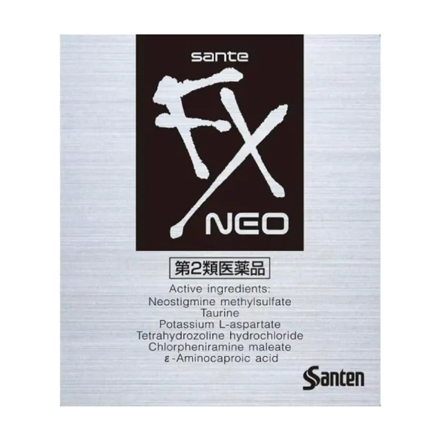 金色包装盒正面，印有 FX V+、Santen 标志、第二类医药品、成分表和 12mL 标注。