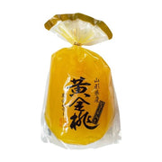 三洋堂黄金桃口味果冻，350g袋装，透明包装内可见明亮的黄色果冻，包装正面印有黑色书法字体黄金桃及山形县产字样。