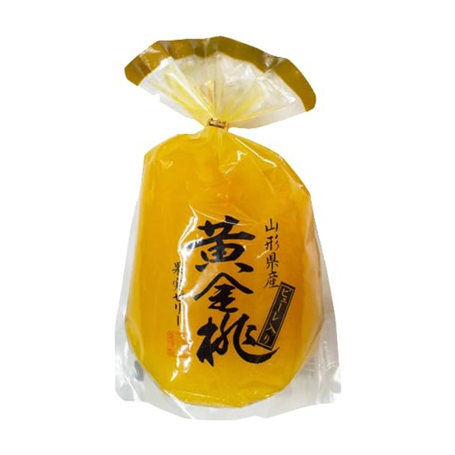 三洋堂黄金桃口味果冻，350g袋装，透明包装内可见明亮的黄色果冻，包装正面印有黑色书法字体黄金桃及山形县产字样。
