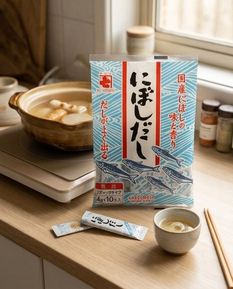 沙丁鱼高汤粉独立小包特写，展示粉末质地及适用于关东煮和素面的场景。