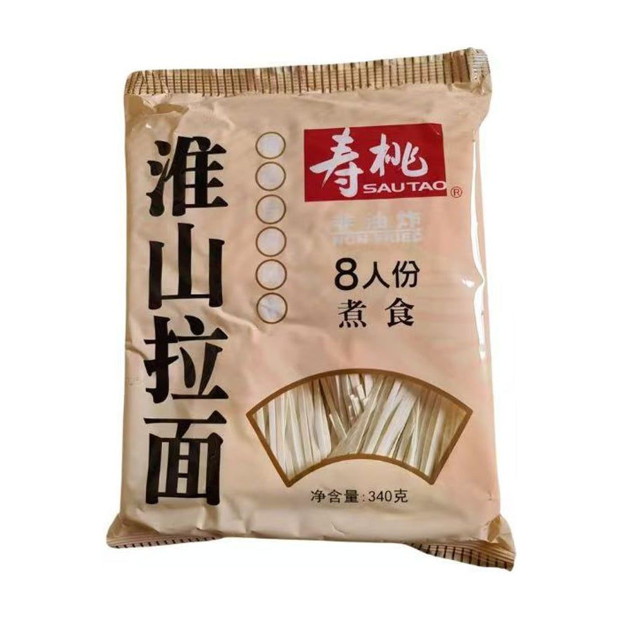 寿桃牌淮山拉面包装正面图，显示非油炸、8人份及340克净含量信息，透明开窗可见白色面条。
