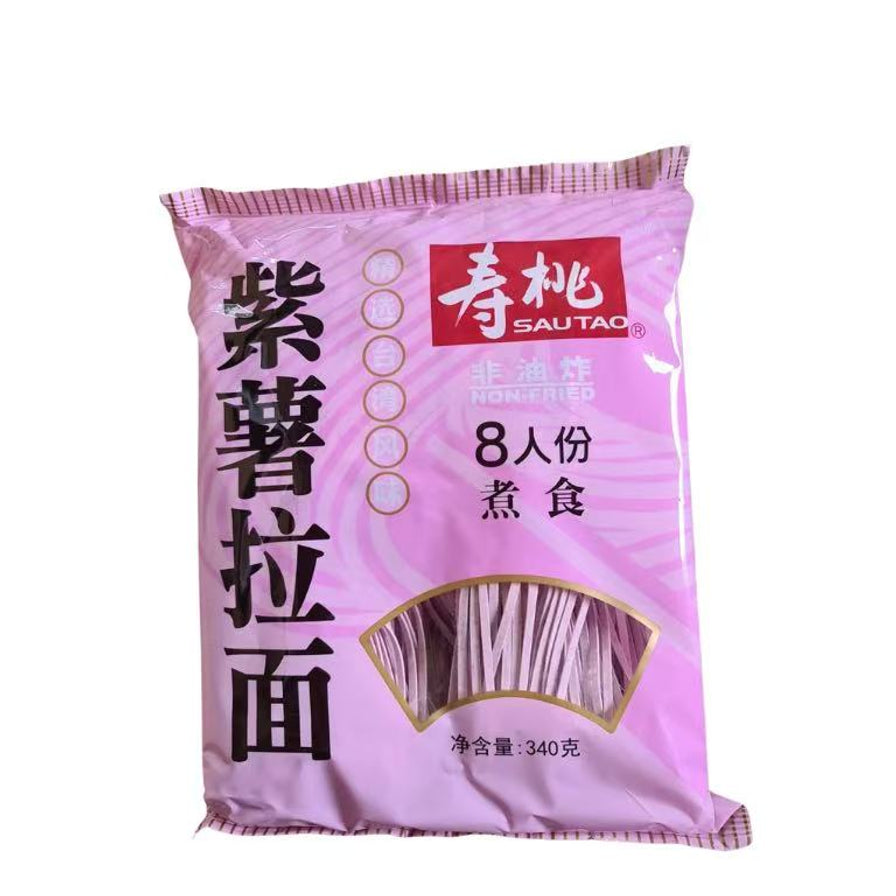 寿桃牌紫薯拉面紫色包装正面图，标注非油炸台式风味，透明开窗可见淡紫色面条。