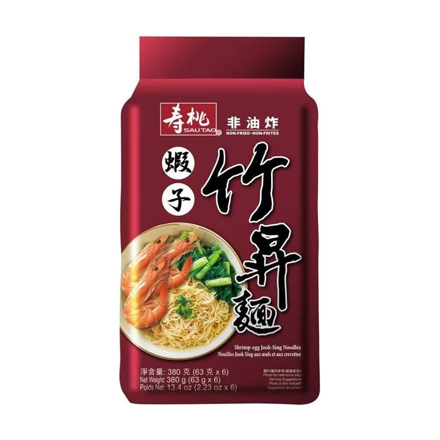 寿桃牌虾子竹升面包装正面，红色背景，印有非油炸字样及一碗配有鲜虾和青菜的面条示意图，净含量380克。