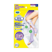 Scholl爽健Medi Qtto睡眠专用美腿减压袜L码紫色包装盒，展示产品分段压力设计及穿着效果图。