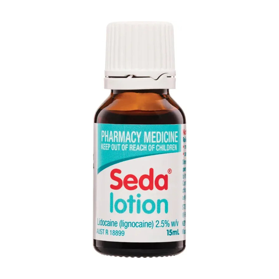 Seda Lotion 口腔止痛液 15ml 棕色药瓶正面，配有白色瓶盖，标签显示产品名称及主要成分利多卡因。