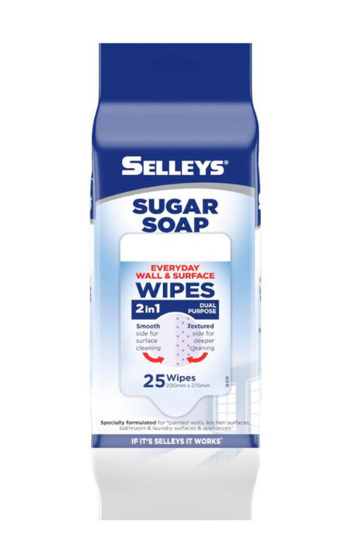 Selleys Sugar Soap 清洁湿巾包装正面，展示蓝白配色袋身与产品名称。