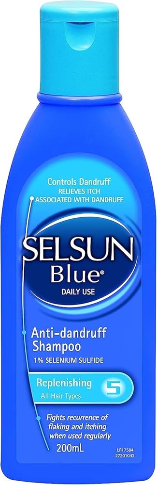 Selsun Blue 蓝色瓶身去屑洗发水正面图，标签显示 Replenishing 保湿配方及 200mL 容量。