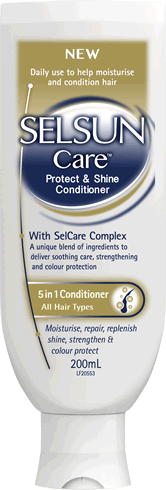 Selsun Care 白色管装护发素正面图，标签显示 Protect & Shine 功效及 5in1 成分说明。