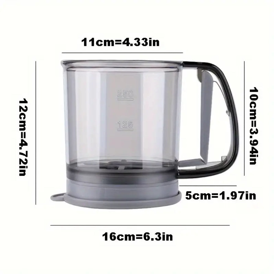 半自动双层面粉筛的尺寸标注图，显示口径11cm、高度12cm、手柄高度10cm及总宽度16cm等详细规格。