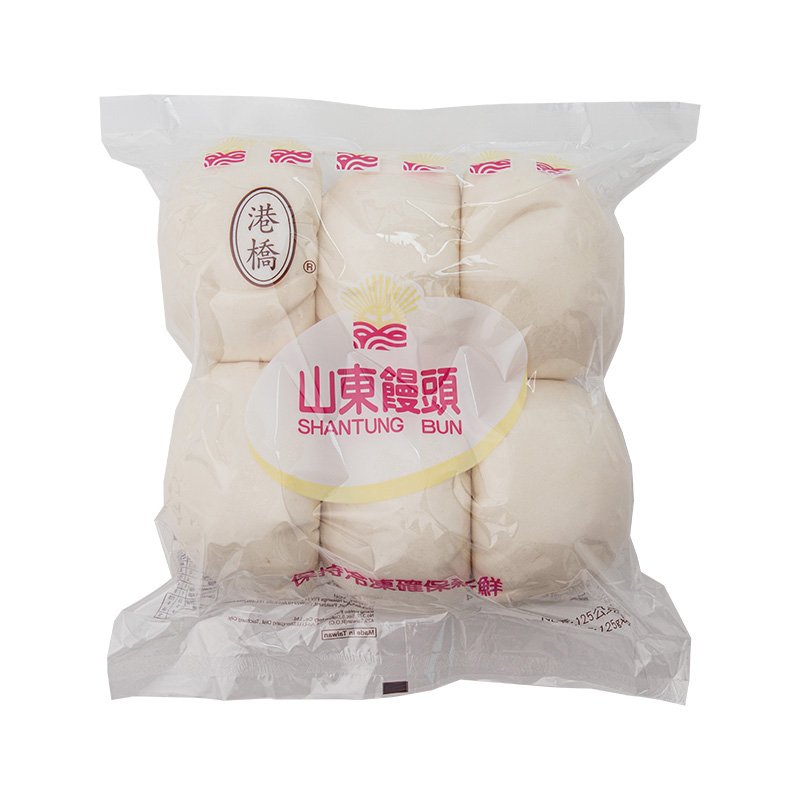 港桥山东大馒头包装正面特写，展示手工戗面工艺与无添加标识