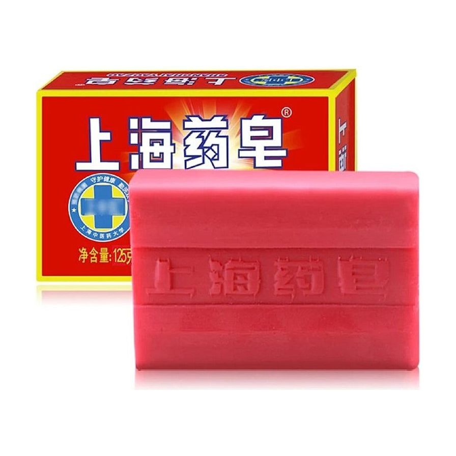 上海药皂变体图，展示红色包装盒与一块刻有“上海药皂”字样的红色香皂。