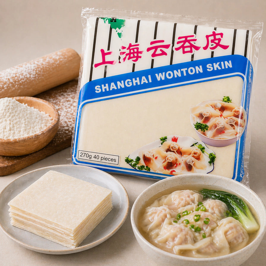 双羊上海云吞皮270g展示，包含未拆封包装、整齐叠放的方形云吞皮以及一碗煮好的成品云吞，背景配有面粉和擀面杖。