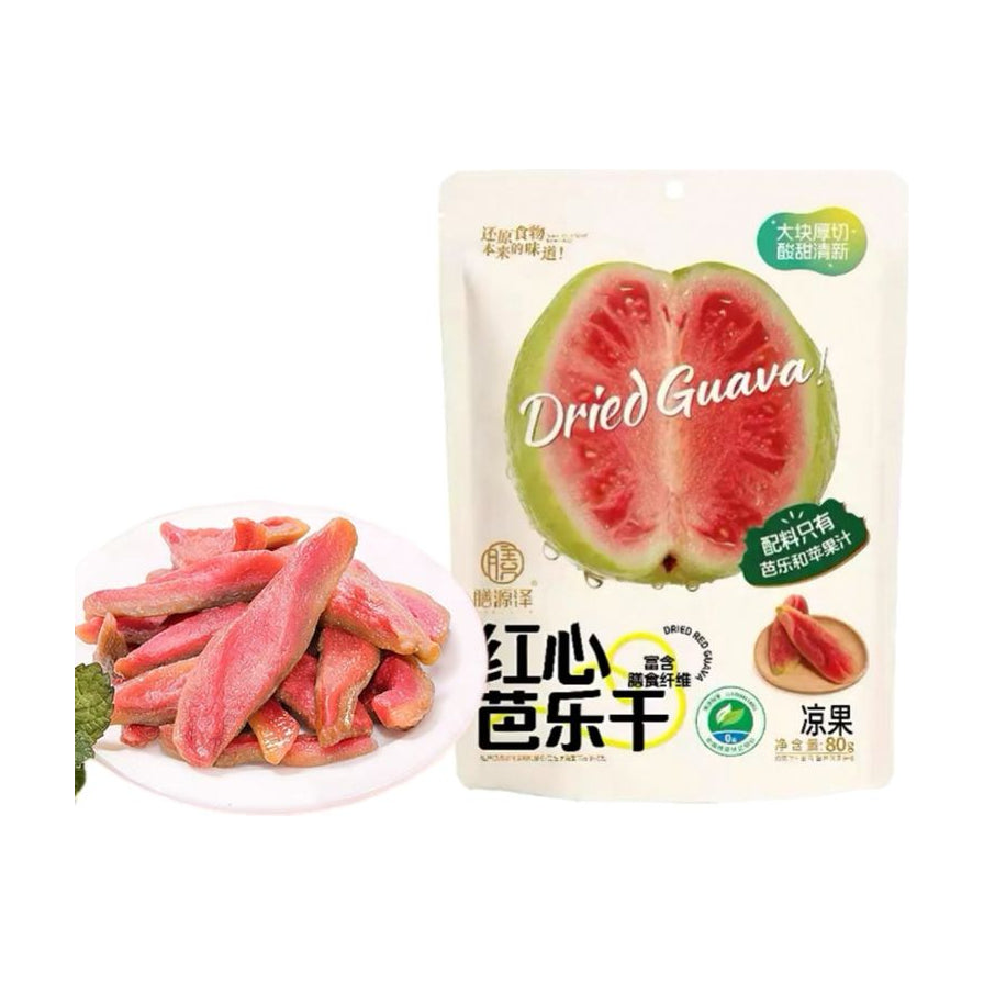 膳源泽红心芭乐干包装袋及一盘切好的红心芭乐果干